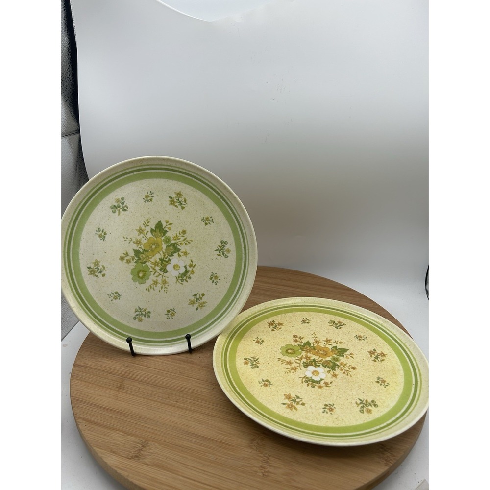 Vintage Daisy Floral Melamine Plates 10" Dinner‎ Plates Set of 3. Green & Brown